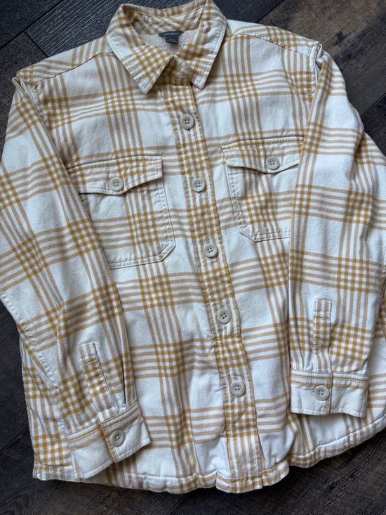 Eddie Bauer Jackets & Blazers - Eddie Bauer White and Mustard Plaid Sherpa-Lined Shirt Jacket